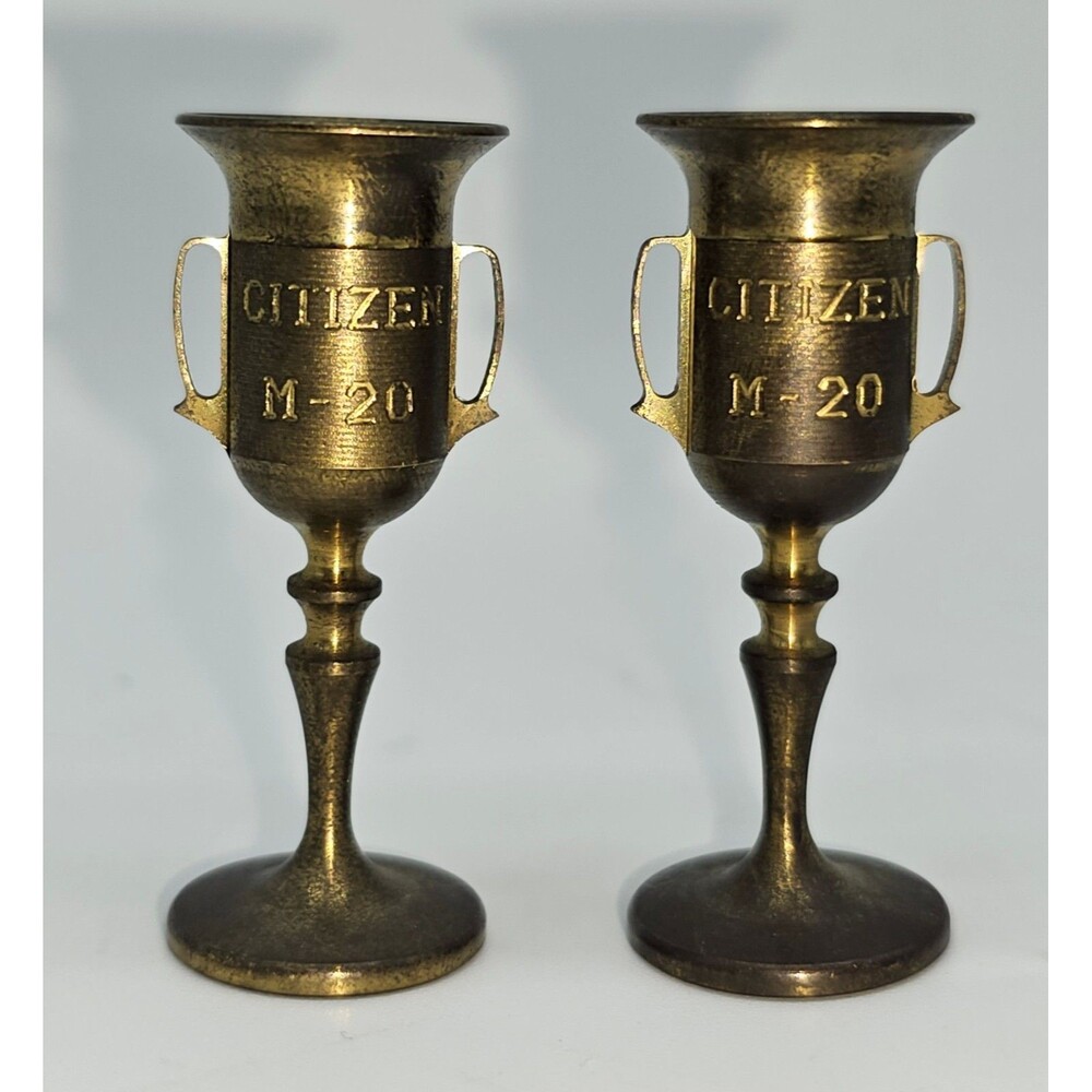 Vtg Brass CITIZEN M-20 Indy Show Mini Trophy Goblet Cups Pair Rare Watch Promo